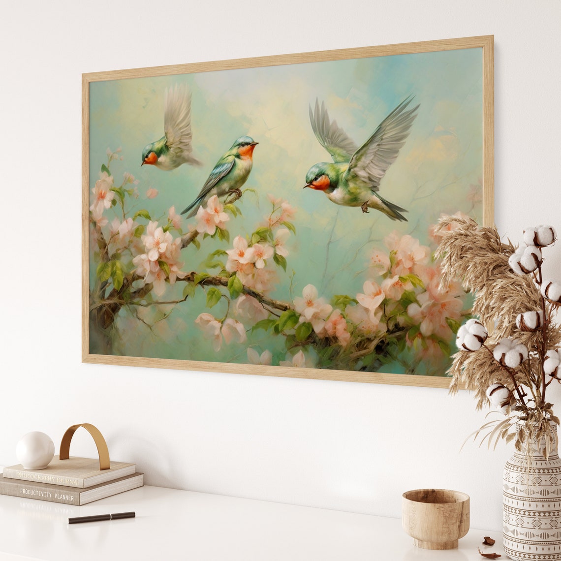 Swallows on Blossoming Branch Painting Pastel Spring Birds Poster - Image 3