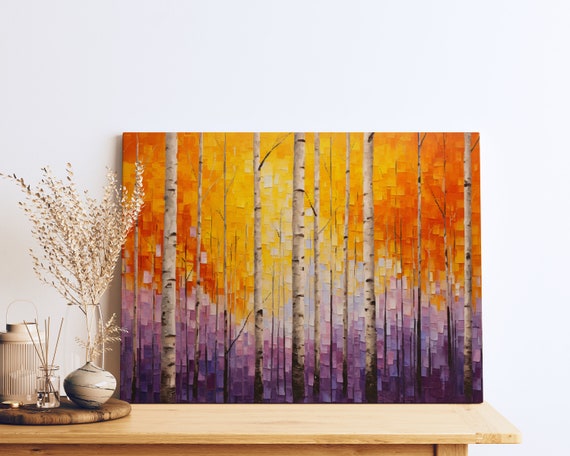 Birch Trees Metalwork Art Dark Orange Violet Luminous Glazes Ultrafine Detail Mark Tobey And Giovanni Segantini Influence