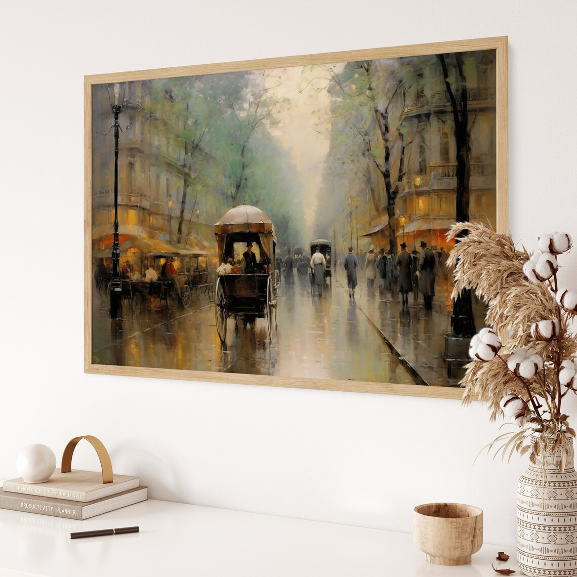 Vintage Paris Boulevard Horse Carriage Rainy Night Oil Poster - Image 3