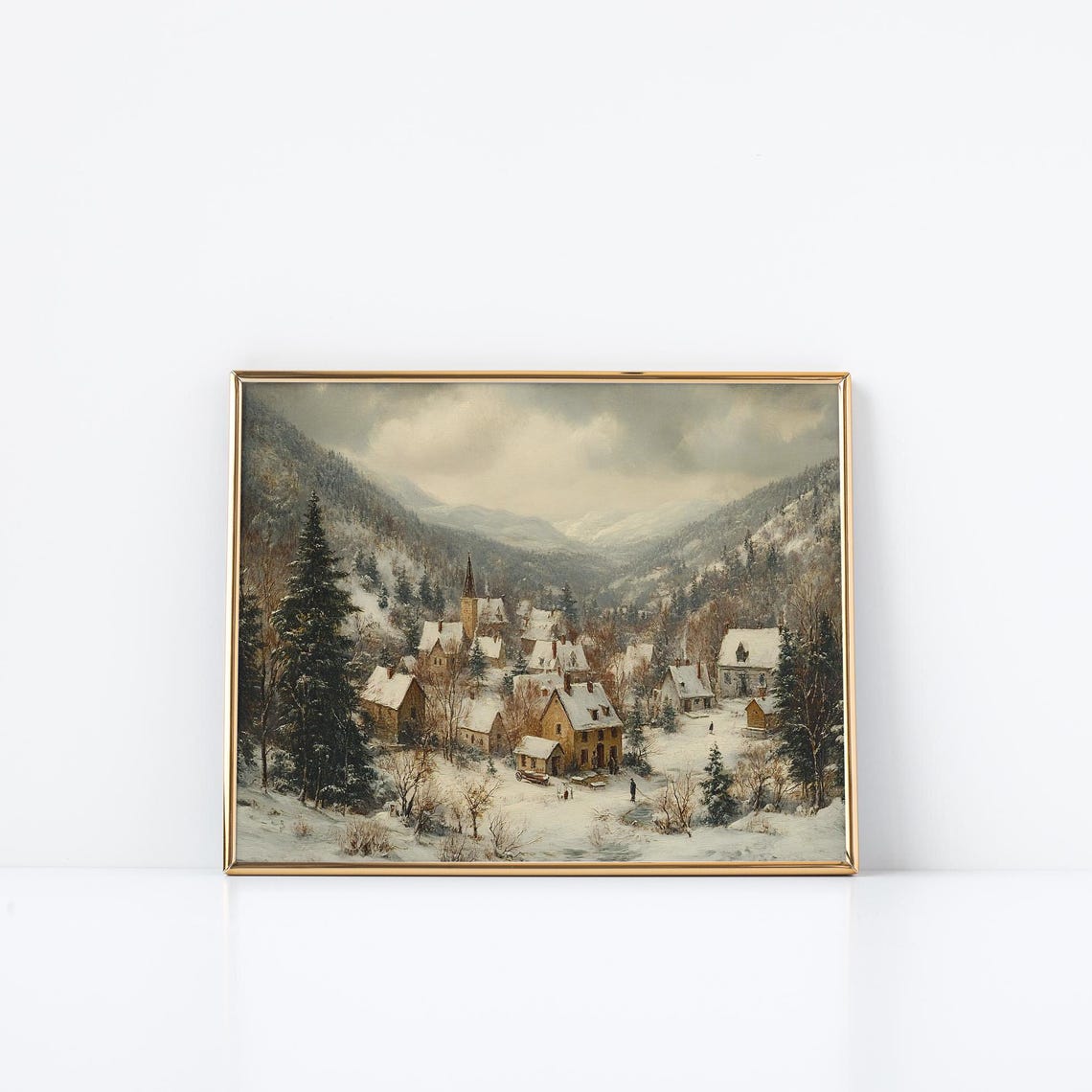 Mountain Village Winter Valley Snow Church Nostalgic Art Poster