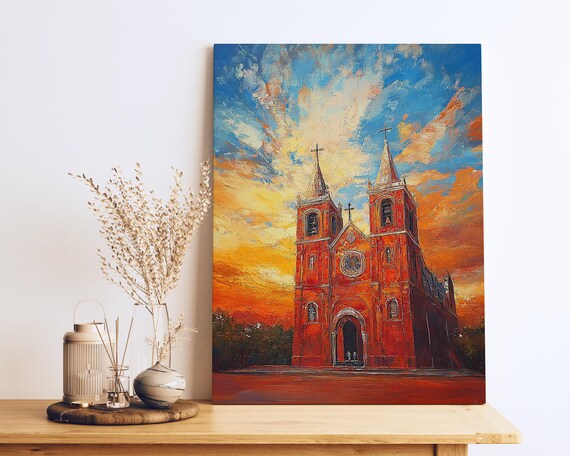 Hanoi Gothic Church Abstract Vintage Oil Painting Print Red Brick Architecture Golden Hour Art
