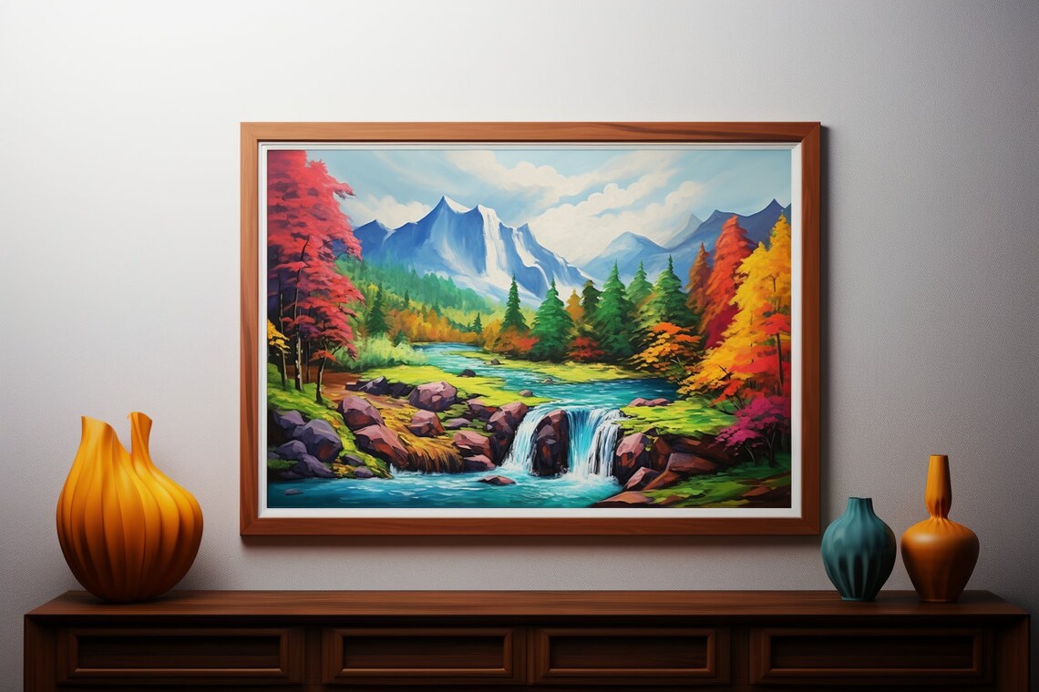 Mountain Waterfall Bliss, Mashkov Inspired Nature Art Print - Image 2