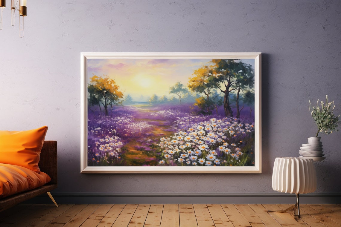 Purple Lavender Field Sunset White Daisies Golden Trees Scenic Poster - Image 2