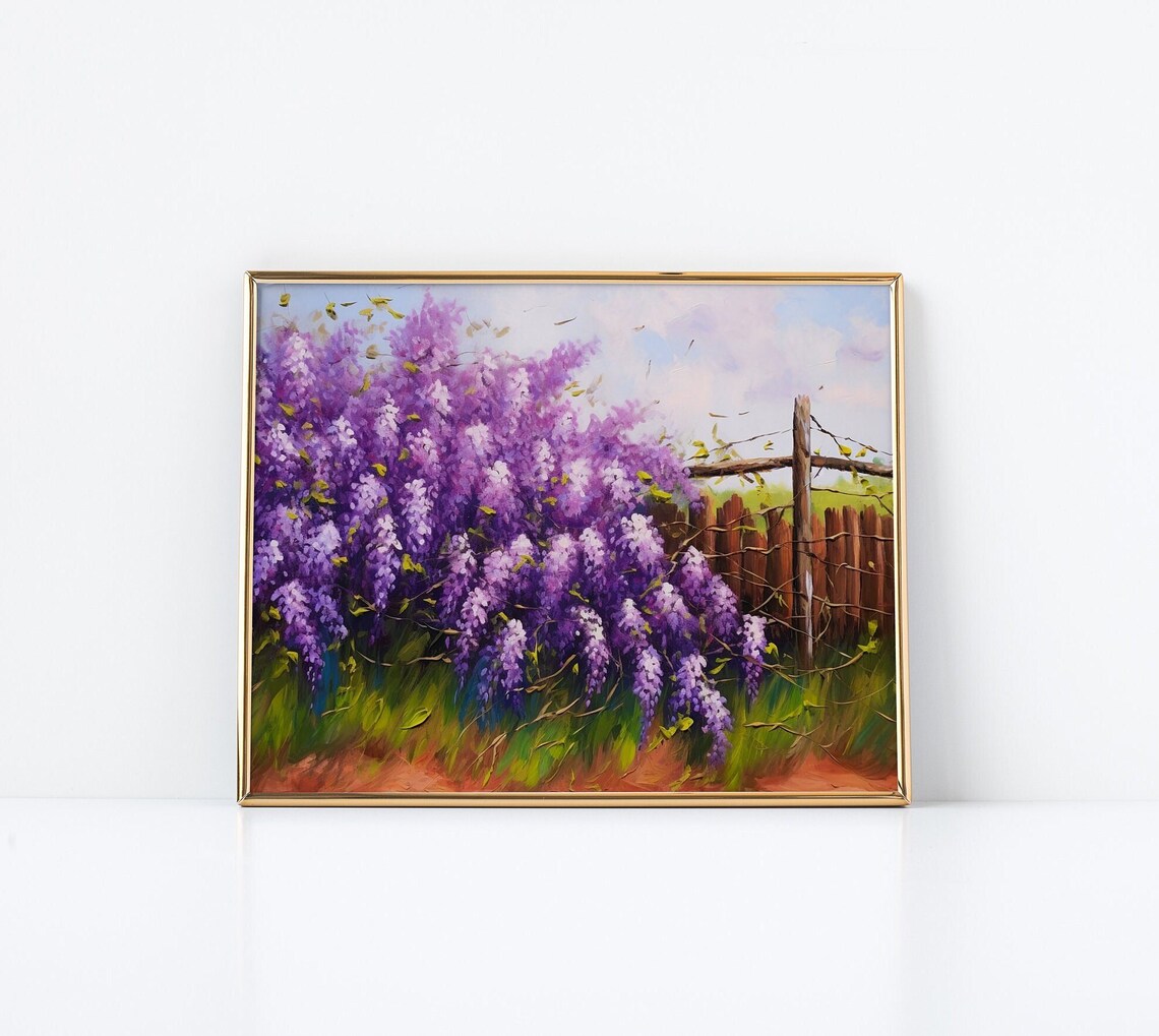 Purple Lilac Bushes Painting Wooden Fence Garden Bloom Poster - Image 2