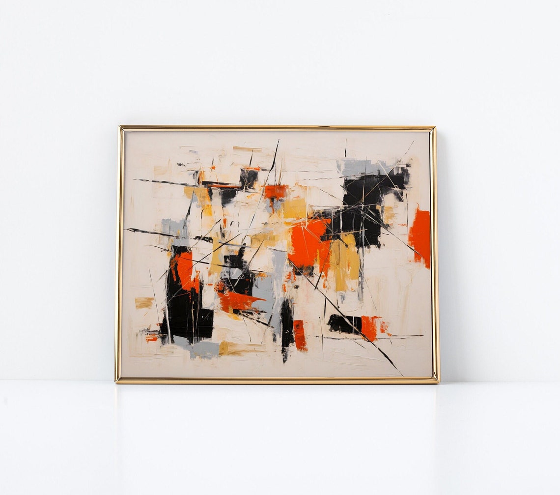 Black Orange White Geometric Abstract Modern Line Art Poster - Image 2