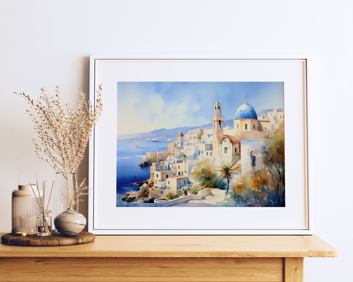 Santorini Greece Blue Dome Church Watercolor Mediterranean Art Poster