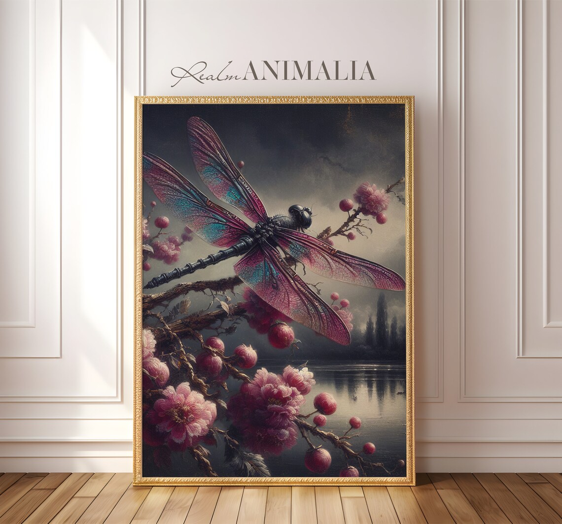 Dragonfly Vintage Oil Painting Iridescent Wings Blossom Lake Twilight Print - Image 3