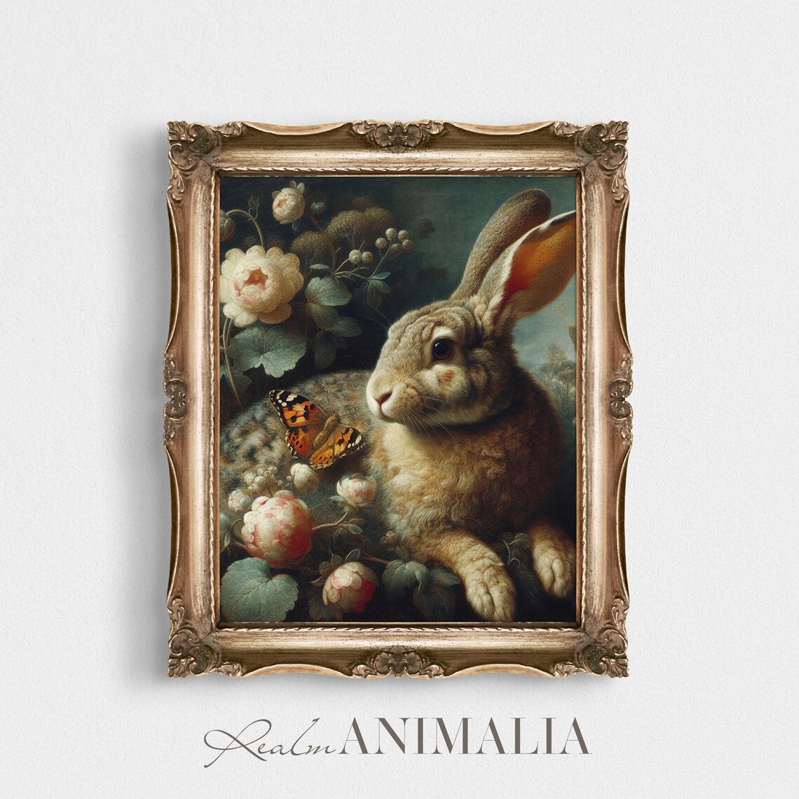 Brown Rabbit With Butterfly Among White And Peach Roses Vintage Art Print - Image 2