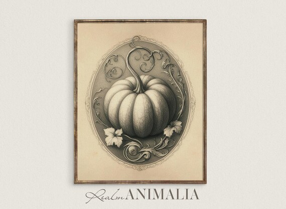 Vintage Pumpkin Sketch Engraved Oval Frame Sepia Fall Botanical Art Poster