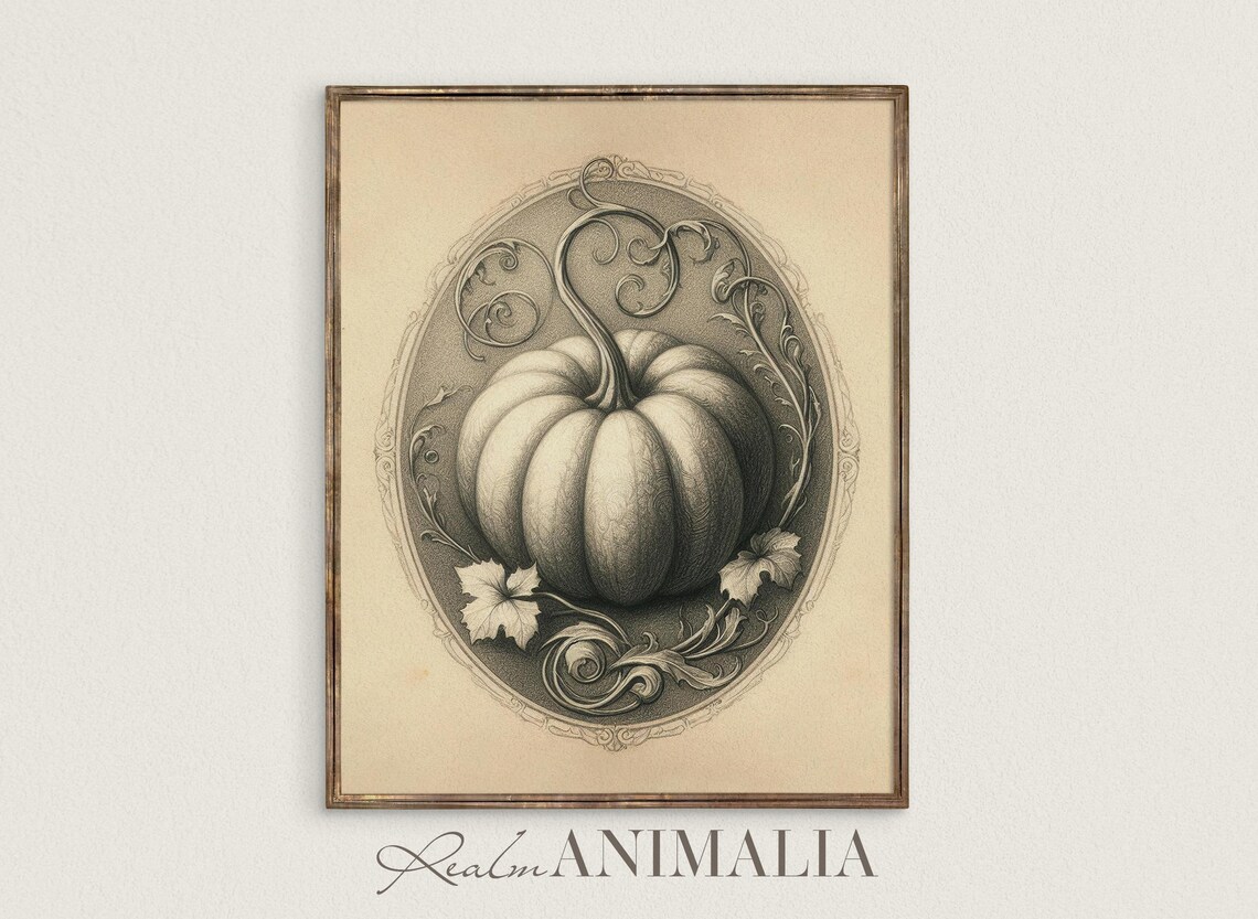 Vintage Pumpkin Sketch Engraved Oval Frame Sepia Fall Botanical Art Poster