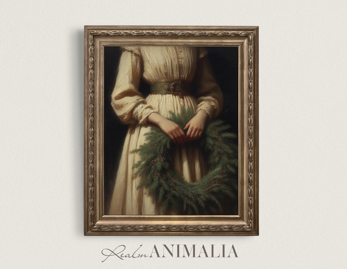 Victorian Woman With Pine Wreath, Vintage Christmas Art Print