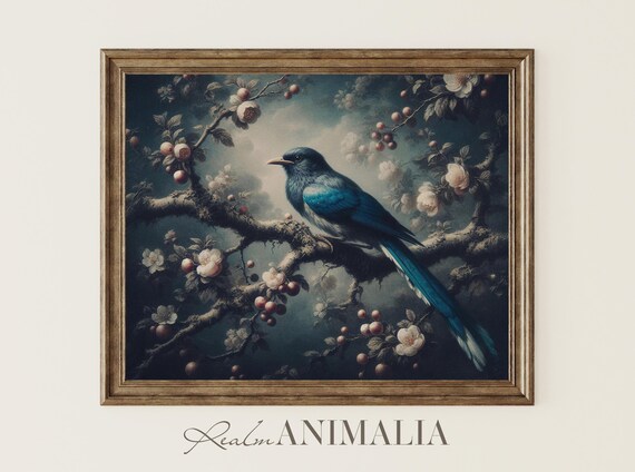 Blue Magpie Art Print Vintage Bird Painting Moody Floral Botanical Wall Art Crow Art Prints Magpie Bird In Nature Art Bmp001
