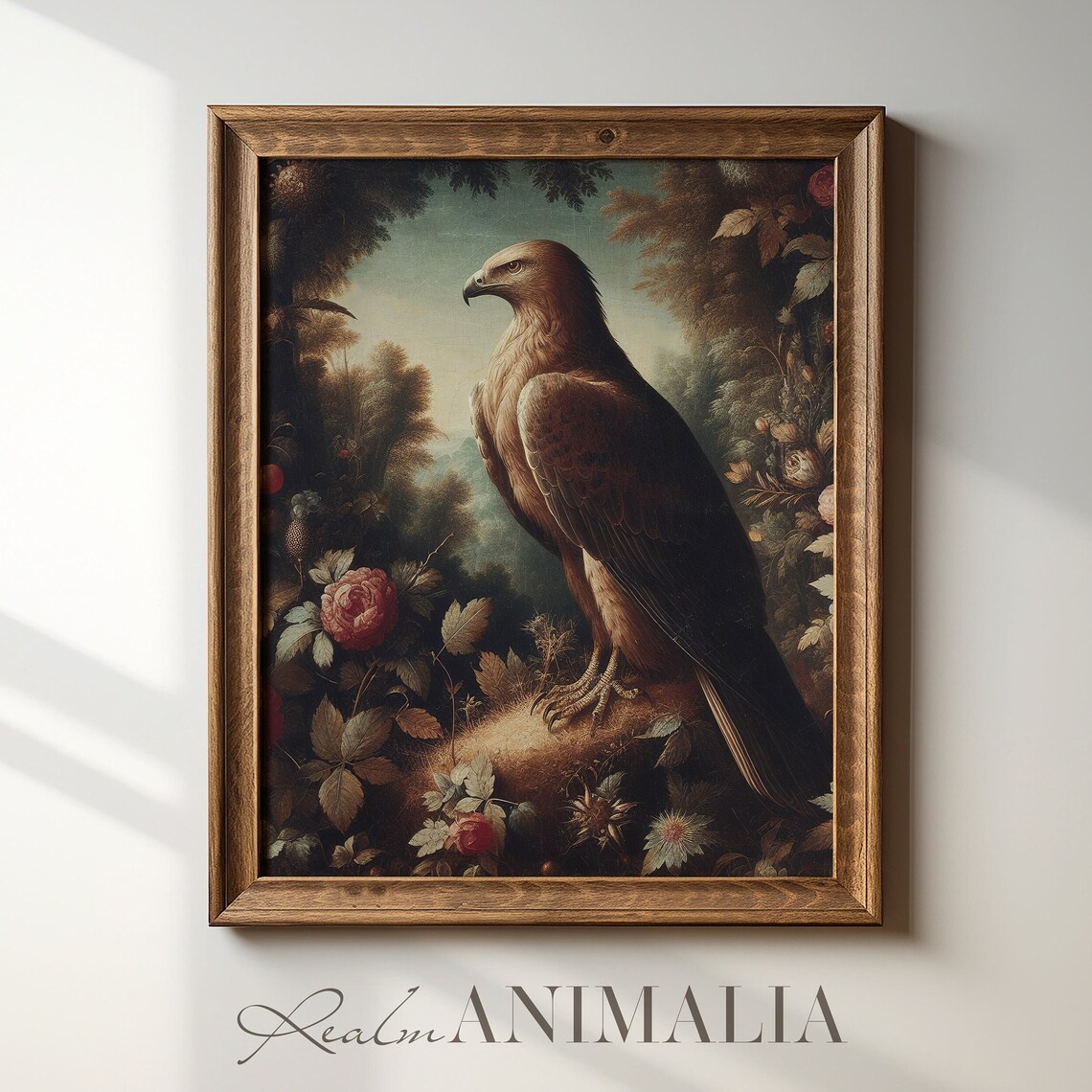 Vintage Hawk Portrait Standing Among Dark Foliage And Red Roses Print - Image 4