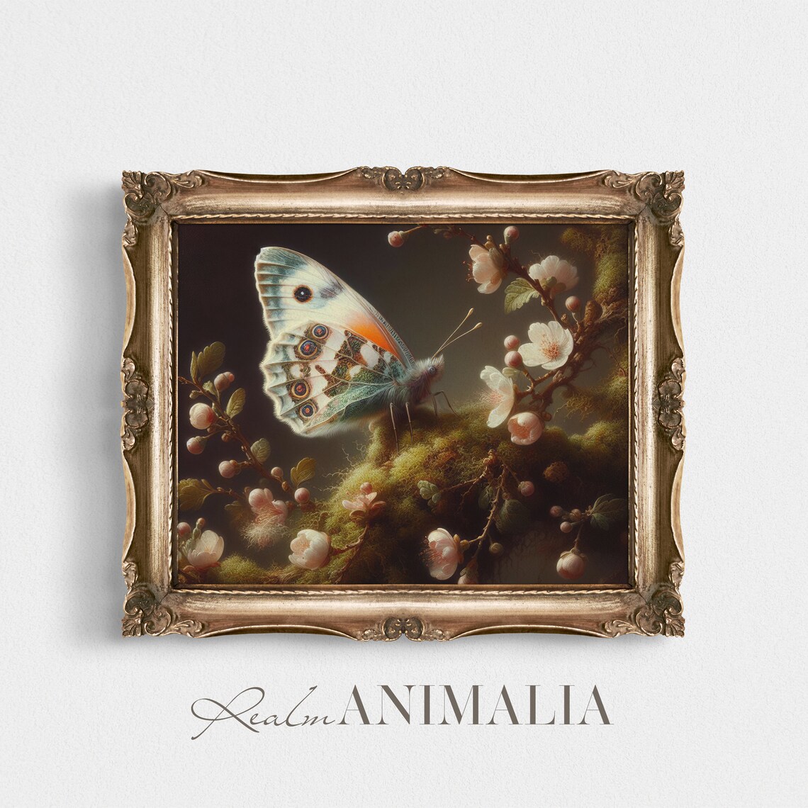 White Buckeye Butterfly With Eye Spots On Blossom Branch Vintage Print - Image 2