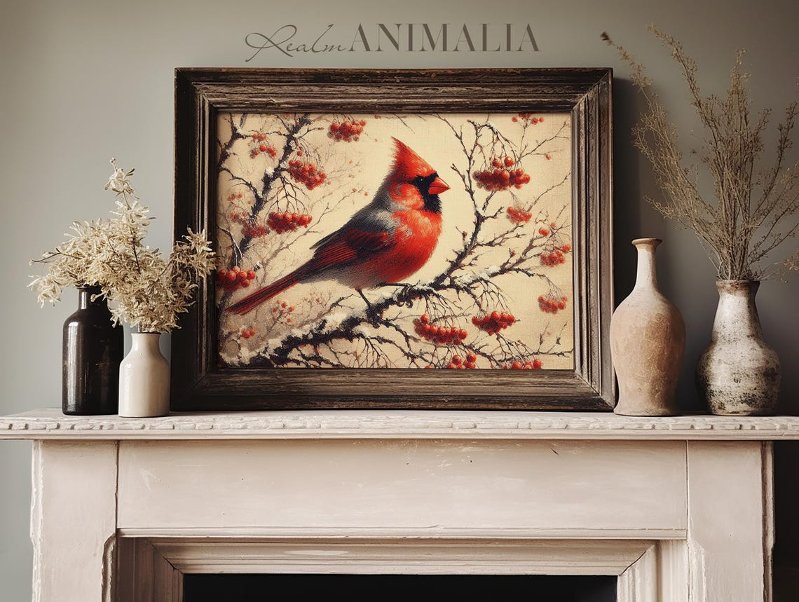 Red Cardinal On Snowy Winter Branch With Red Berries Bird Poster - Image 2