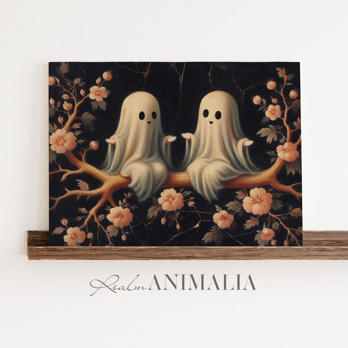 Two Little Ghosts On Flowering Branch Dark Botanical Halloween Print - Image 3