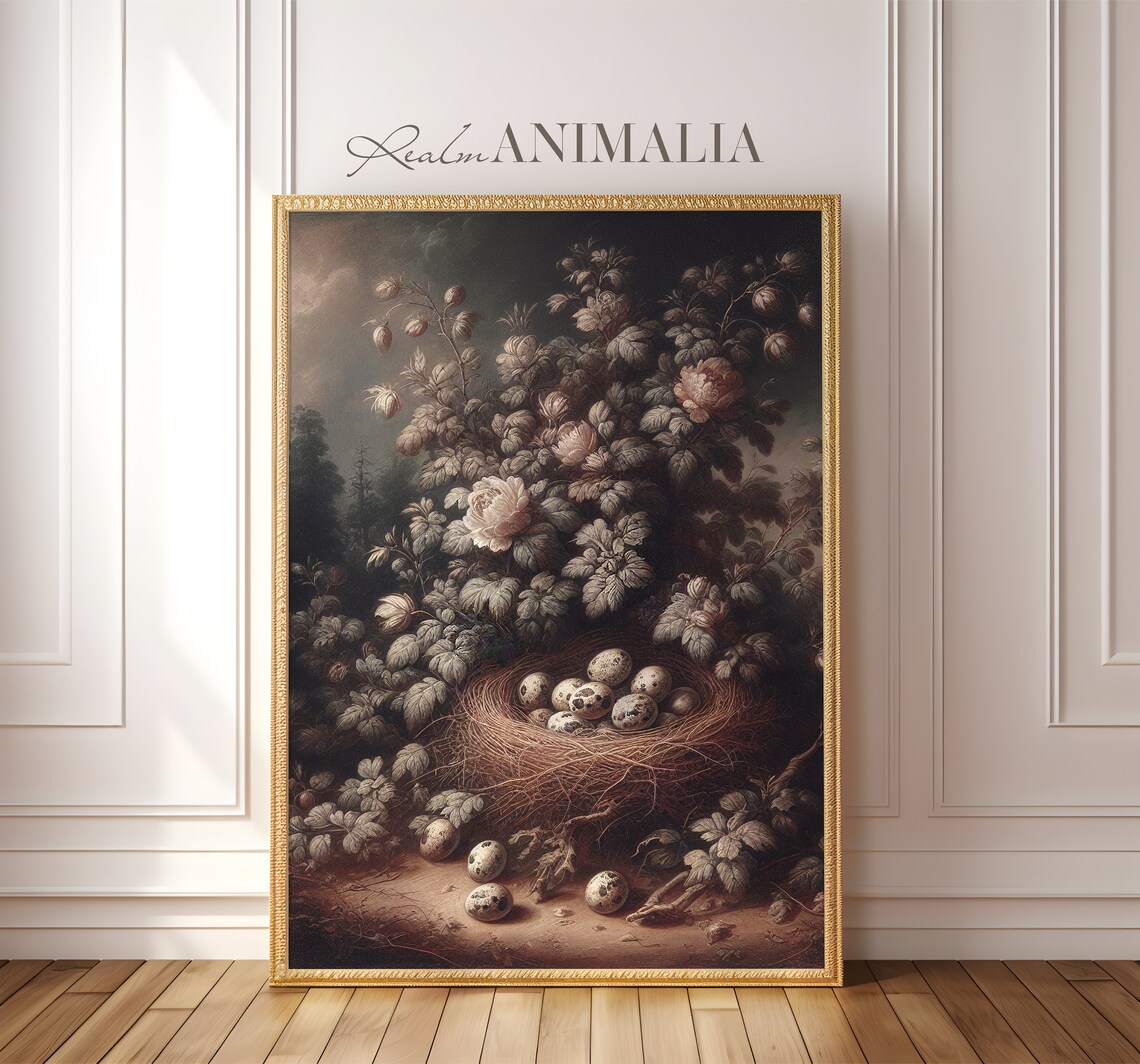 Vintage Bird Nest With Speckled Eggs Among Flowers Moody Spring Art Poster - Image 3
