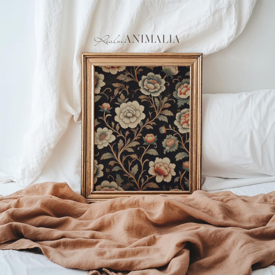 Neutral Floral Tapestry Pattern Cream Blooms On Black Vintage Poster - Image 3