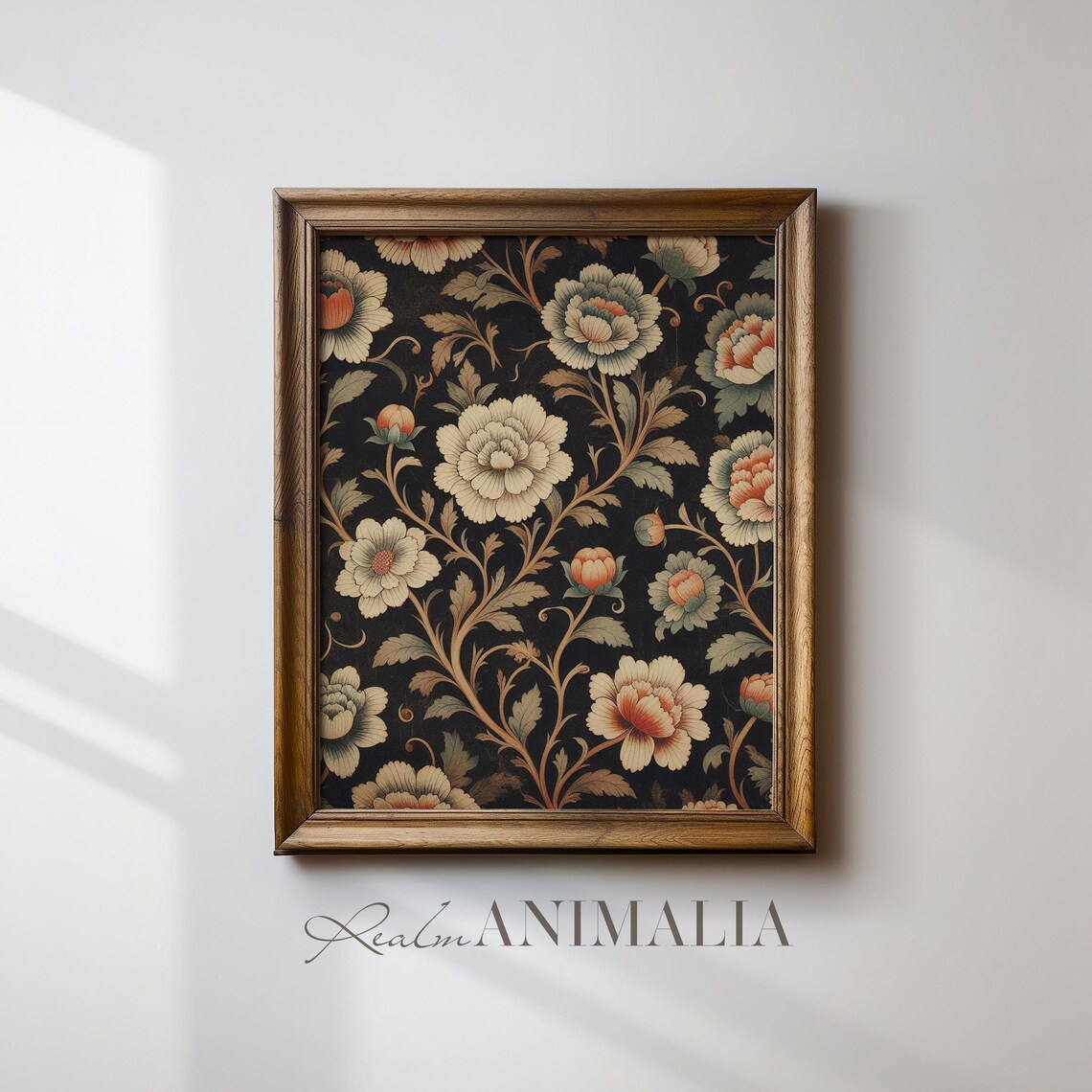 Neutral Floral Tapestry Pattern Cream Blooms On Black Vintage Poster - Image 4
