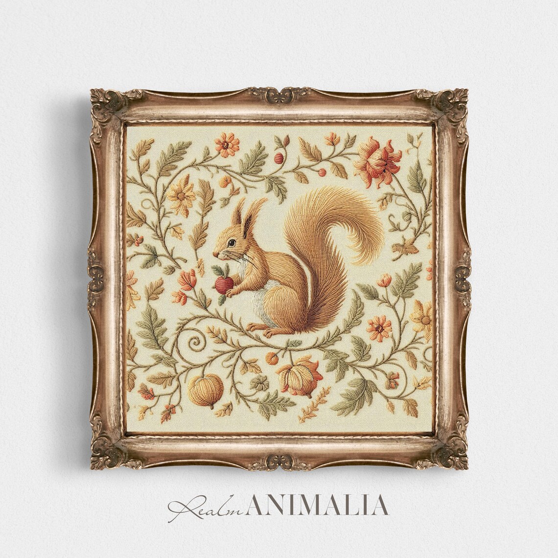 Autumn Squirrel Embroidered Textile Art Berry Floral Square Vintage Poster - Image 2