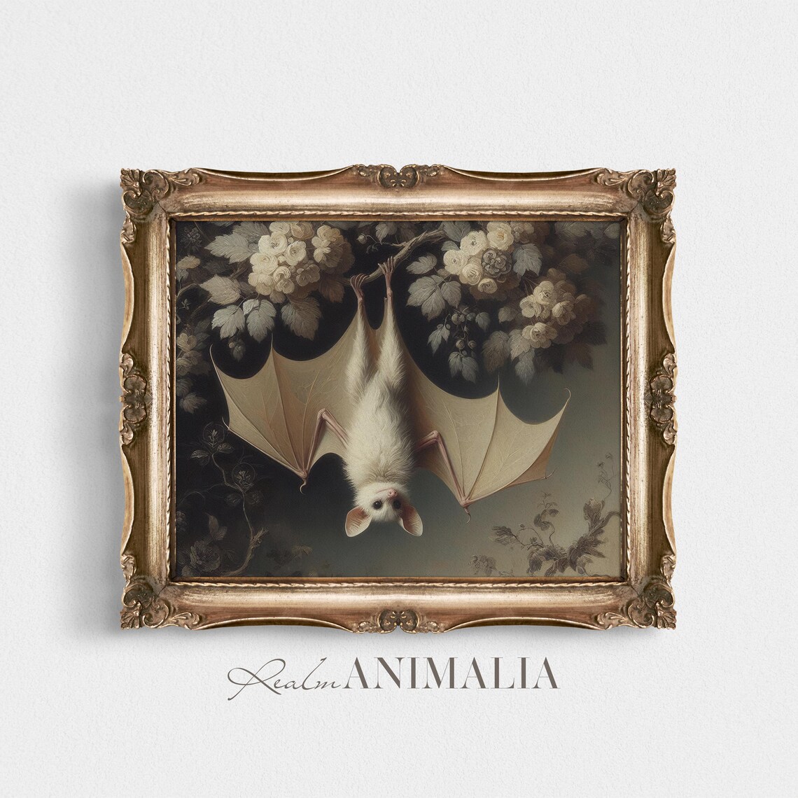 Hanging White Bat Art Print, Cottagecore Botanical - Image 4