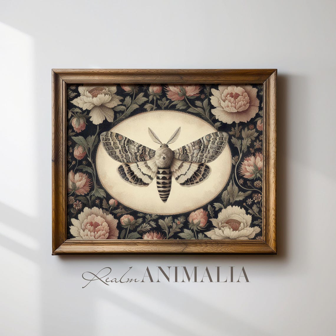 Large Vintage Moth In Oval Medallion Dark Floral Tapestry Poster - Image 2