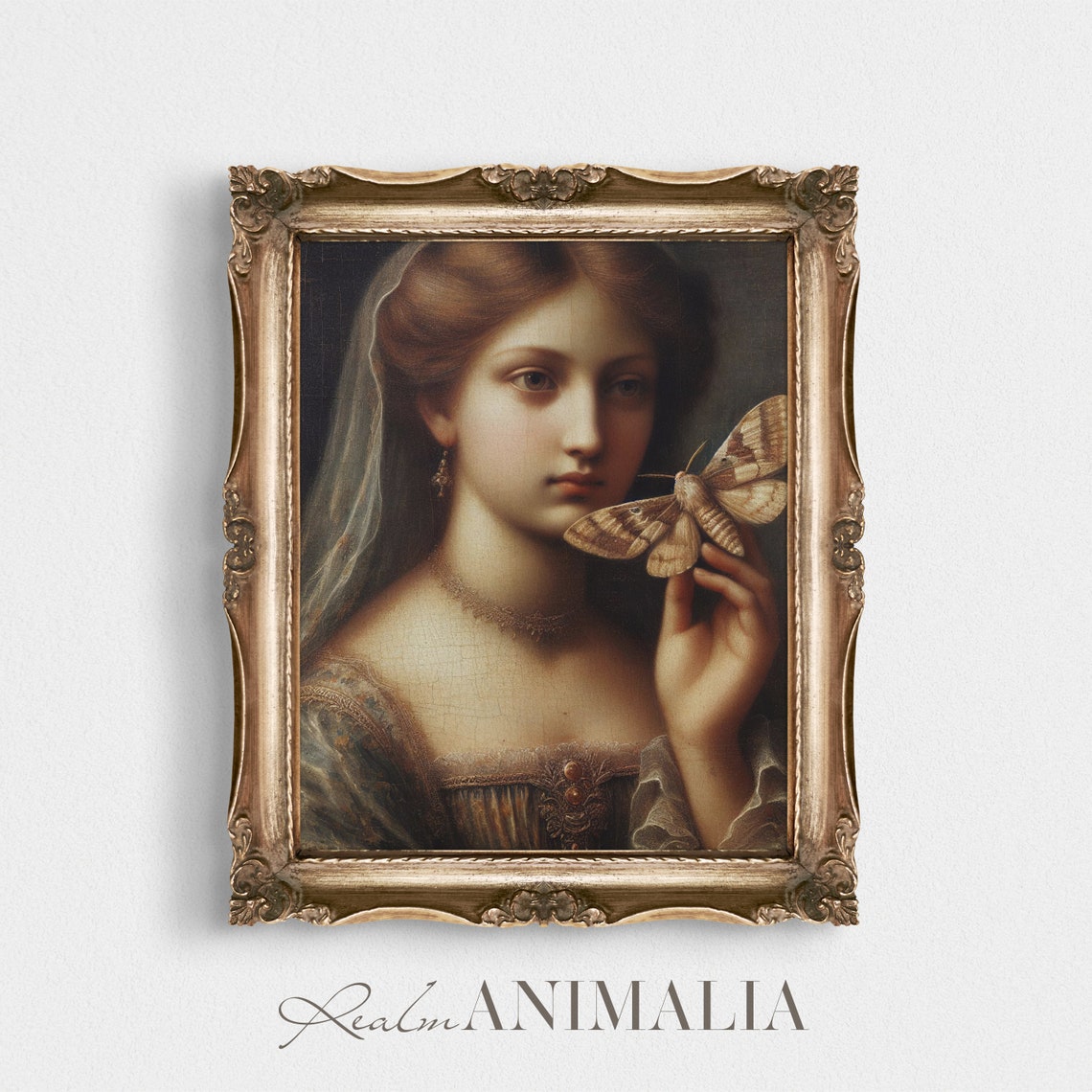 Vintage Woman With Moth Portrait Painting Moody Dark Academia Portrait Wall Art Antique Portrait Art Hu002 - Image 3