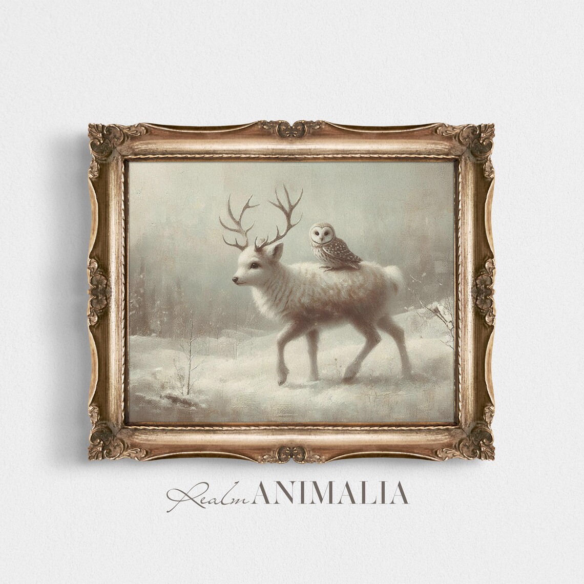 Baby Reindeer With Owl Painting Neutral Winter Wall Art Beige Christmas Holiday Art Prints Baby Animal Nursery Prints Wh140 - Image 2