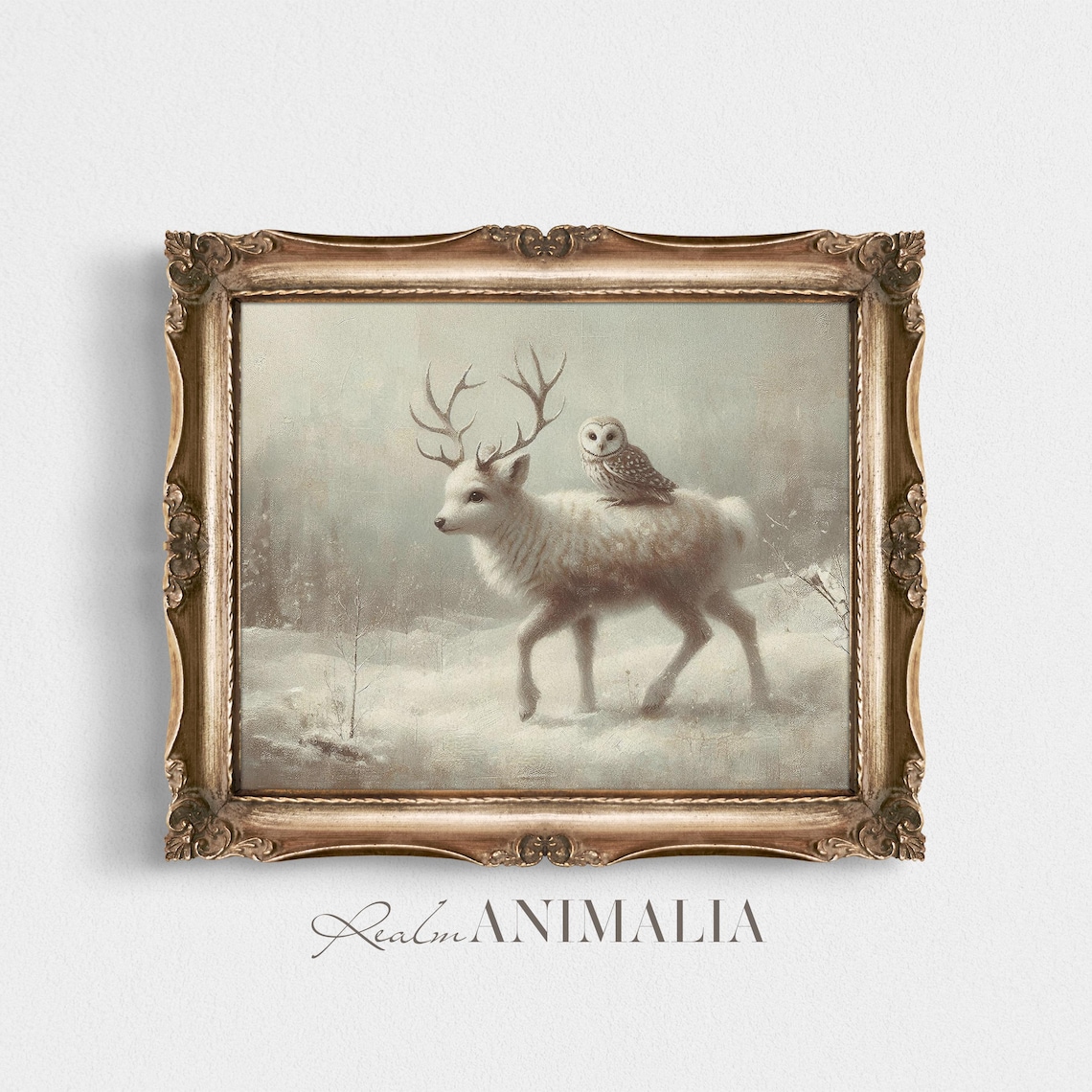 Baby Reindeer With White Owl In Snowy Winter Woodland Painting Poster - Image 2