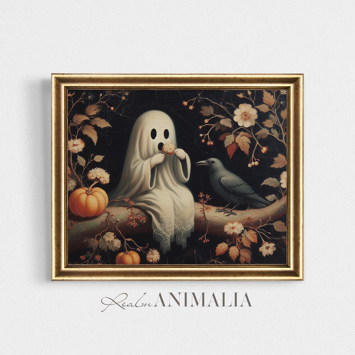 Little Ghost With Crow On Branch Dark Autumn Botanical Halloween Art Poster - Image 4