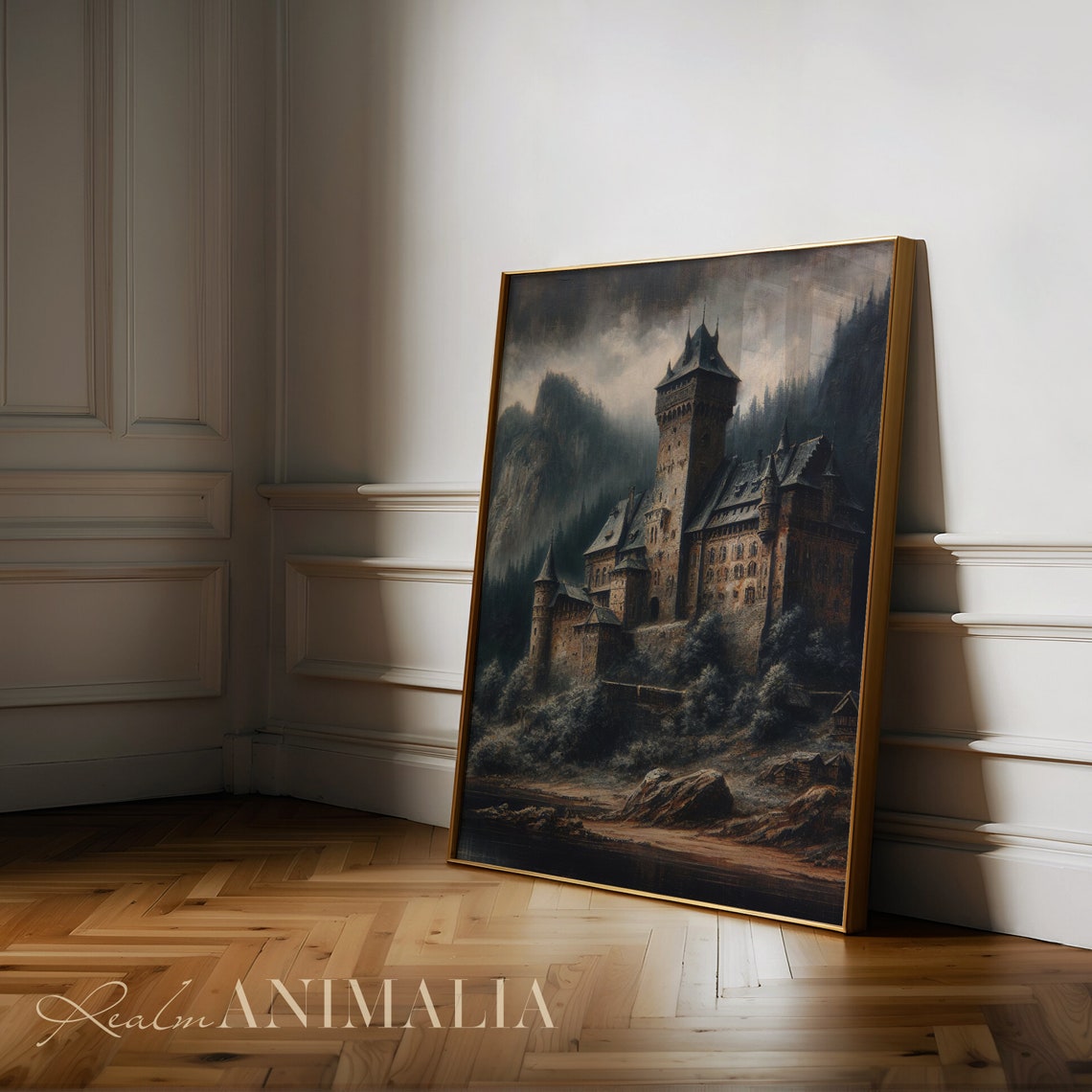 Dark Moody Medieval Castle Misty Mountain Gothic Landscape Art Print - Image 2