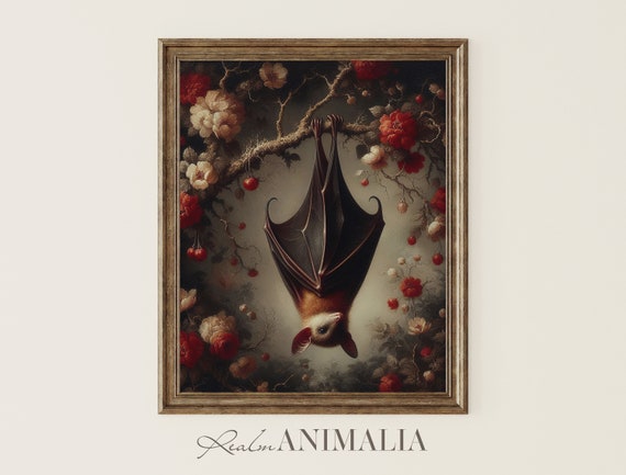 Hanging Bat Art Print, Dark Cottagecore Botanical