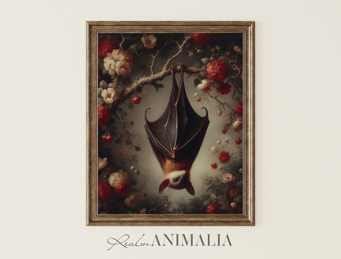Hanging Bat Art Print, Dark Cottagecore Botanical