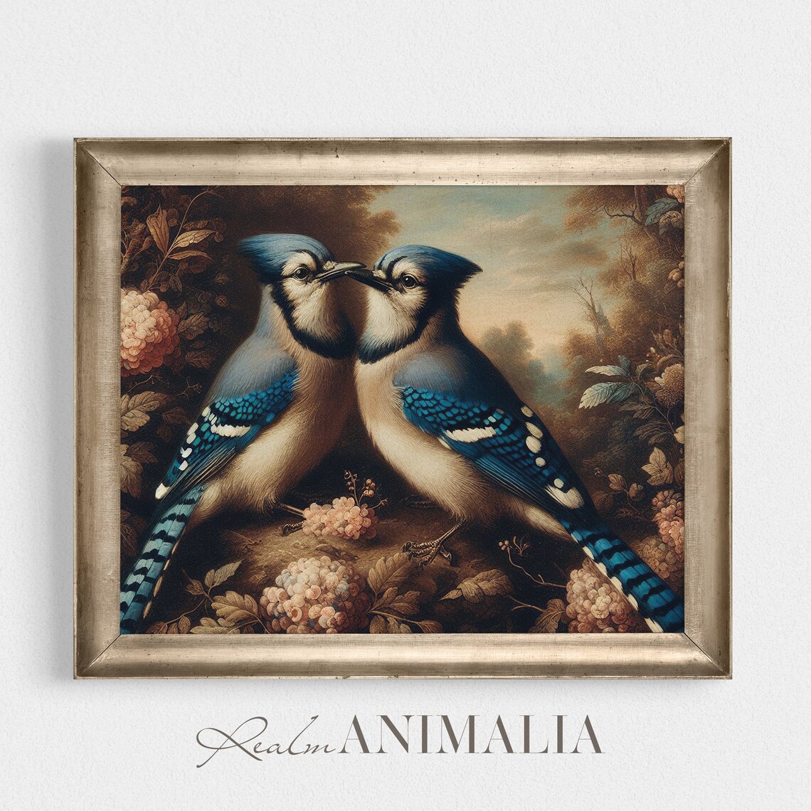 Vintage Pair Of Blue Jays Facing Each Other Among Blossoms Bird Poster - Image 4