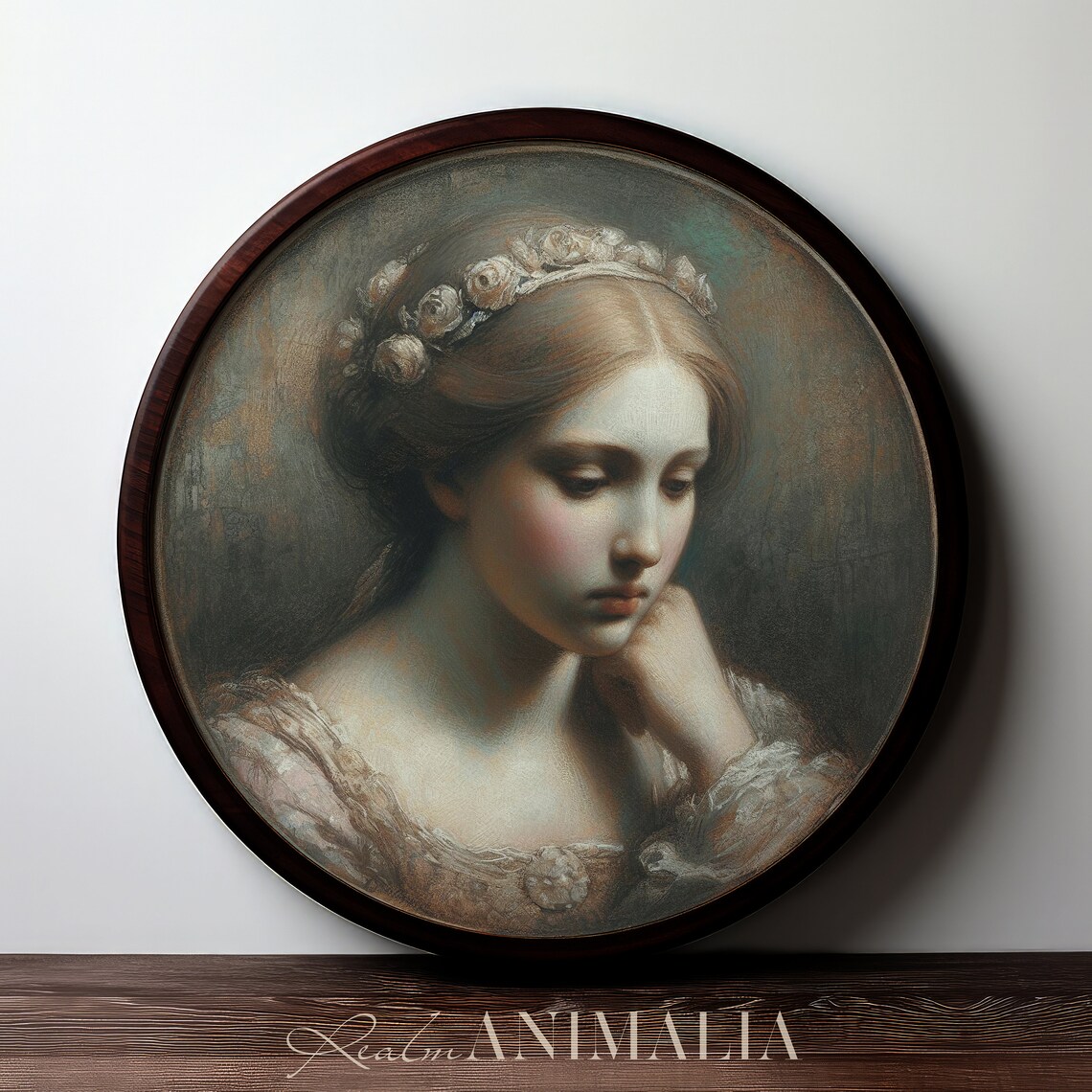 Vintage Woman Pastel Portrait Circular Floral Crown Melancholy Art Print - Image 2