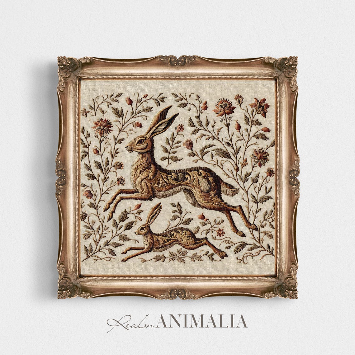 Leaping Hares In Botanical Tapestry Vintage Embroidered Poster - Image 3