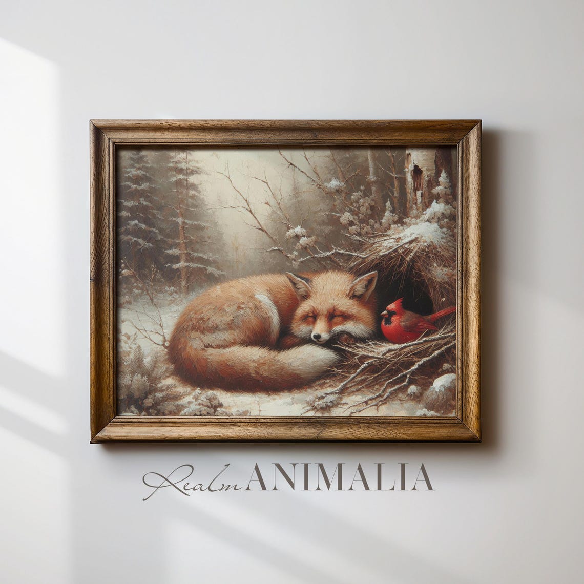 Sleeping Red Fox With Cardinal Bird In Snowy Forest Winter Art Poster - Image 4