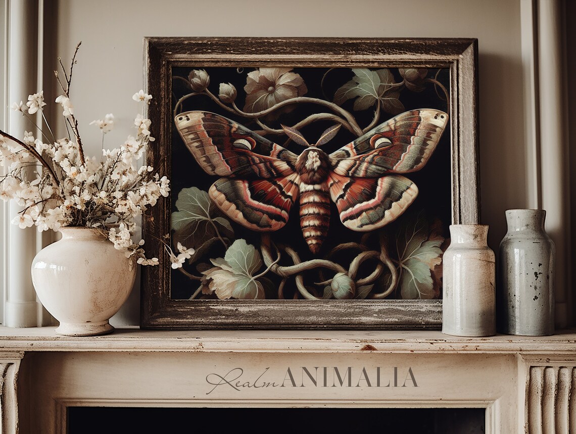 Large Moth Vintage Oil Painting Moody Botanical Vines Crescent Wings Wall Poster - Image 3