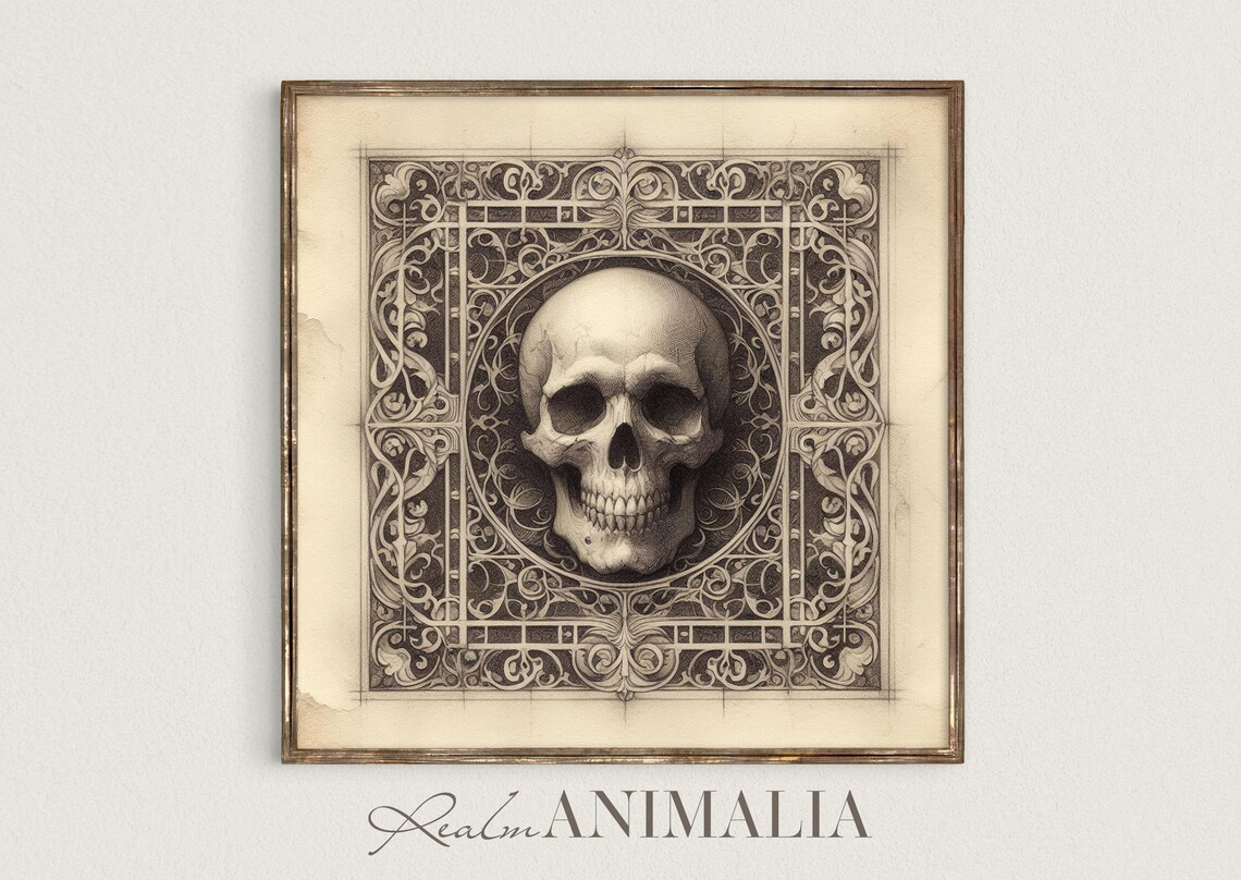 Skull Sketch In Ornate Frame Vintage Gothic Pencil Drawing Art Print