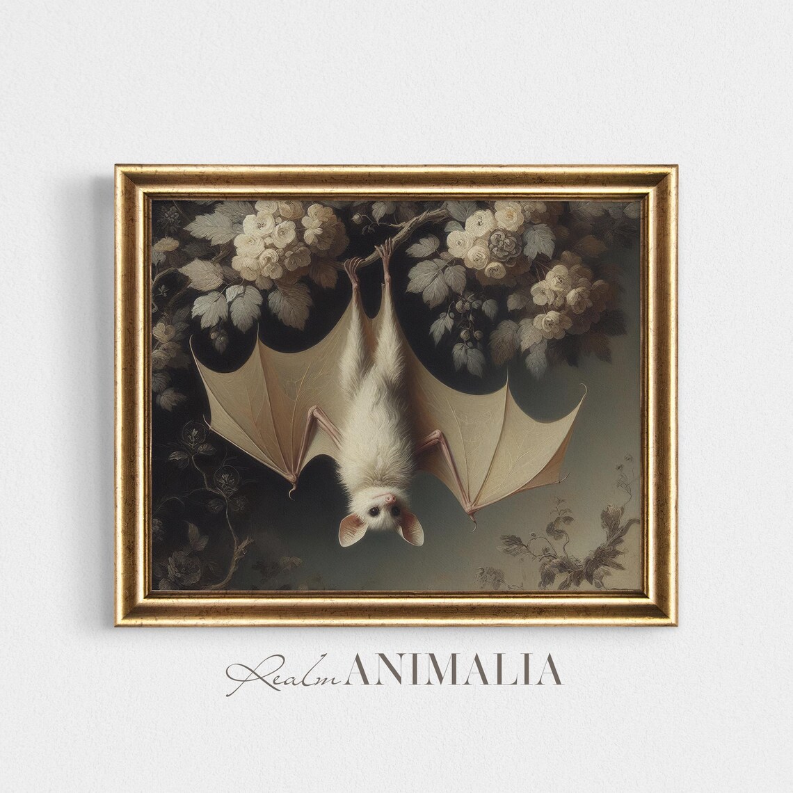 Hanging White Bat Art Print, Cottagecore Botanical - Image 2