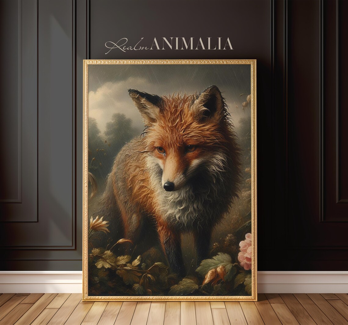 Red Fox In The Rain Moody Wildflower Meadow Vintage Animal Wall Art Print - Image 2
