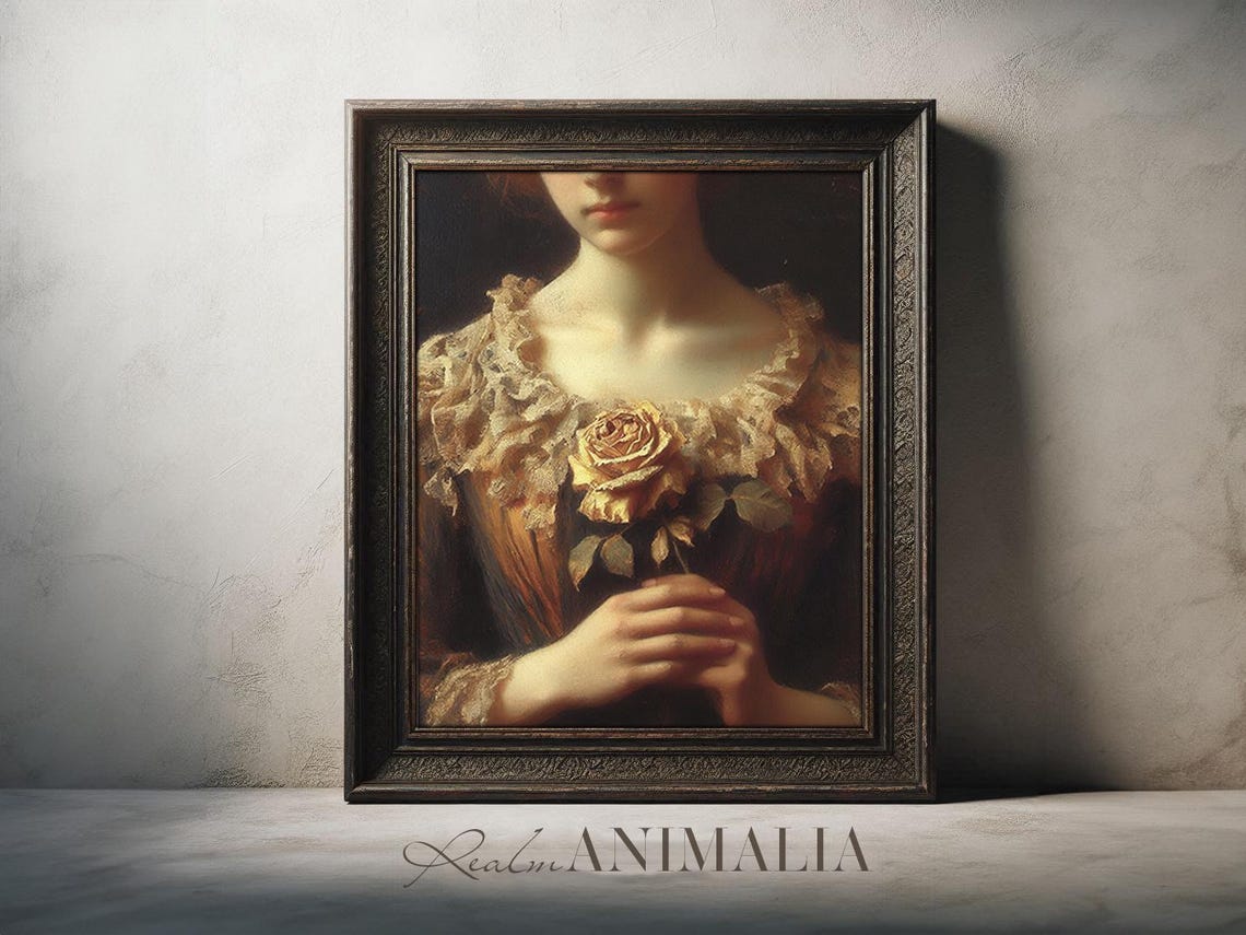 Victorian Woman With Rose Stem Art Print Moody Romantic Female Vintage Portrait Painting Wall Art Dark Floral Art Prints Hu028 - Image 3