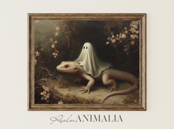 Little Ghost Riding On Lizard Art Print Halloween Wall Art Whimsical Ghost Painting Moody Fall Cottagecore Art Prints Gh135