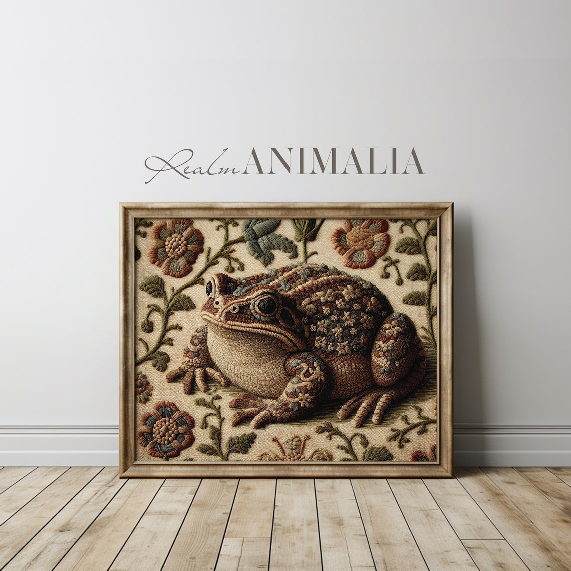 Toad Vintage Embroidery Style Botanical Floral Tapestry Neutral Poster - Image 3