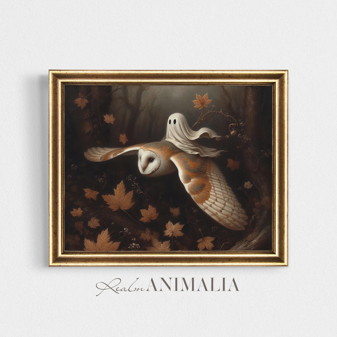 Little Ghost Riding Barn Owl Flying Autumn Leaves Moody Halloween Poster - Image 2