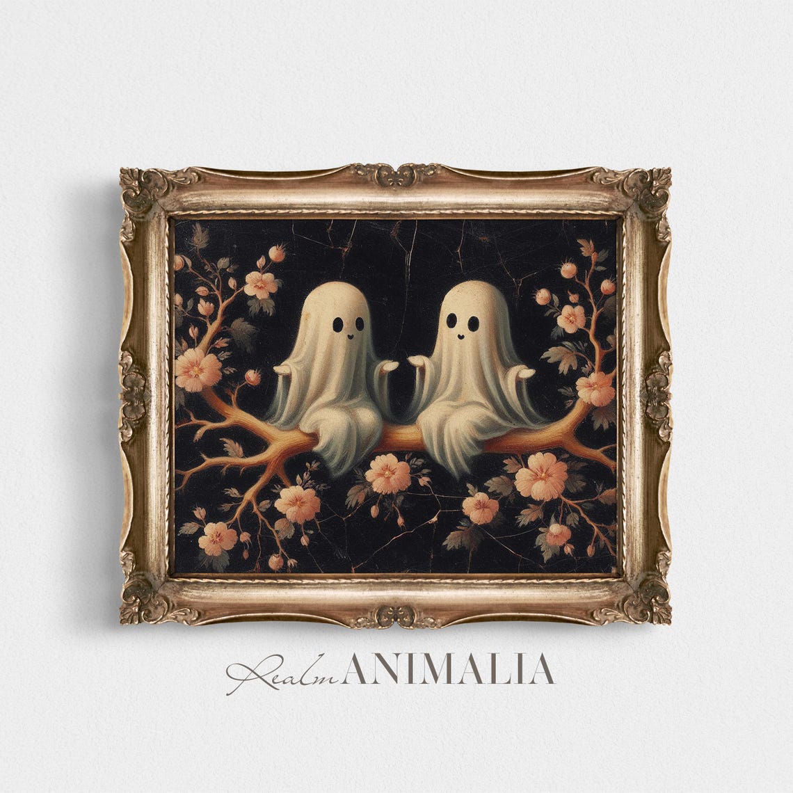 Two Little Ghosts On Flowering Branch Dark Botanical Halloween Print - Image 4