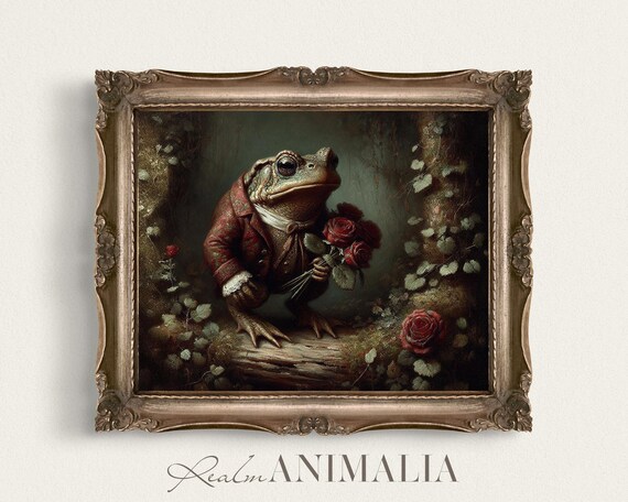 Vintage Romantic Storybook Toad Art Print Moody Fairytale Wall Art Whimsical Fantasy Art Prints Valentine Toad Painting Td029