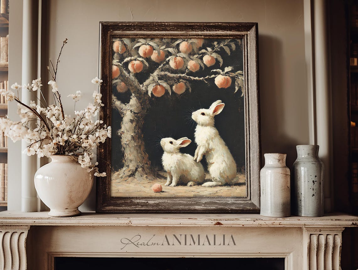 Two White Bunnies Under Peach Tree Dark Moody Vintage Painting Poster - Image 3
