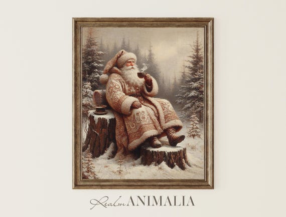 Vintage Santa Drinking Coffee Art Print, Antique Style
