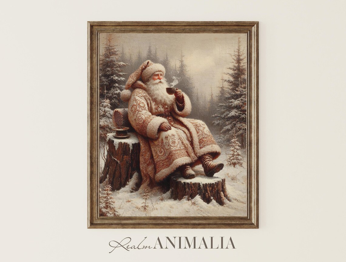Vintage Santa Drinking Coffee Art Print, Antique Style